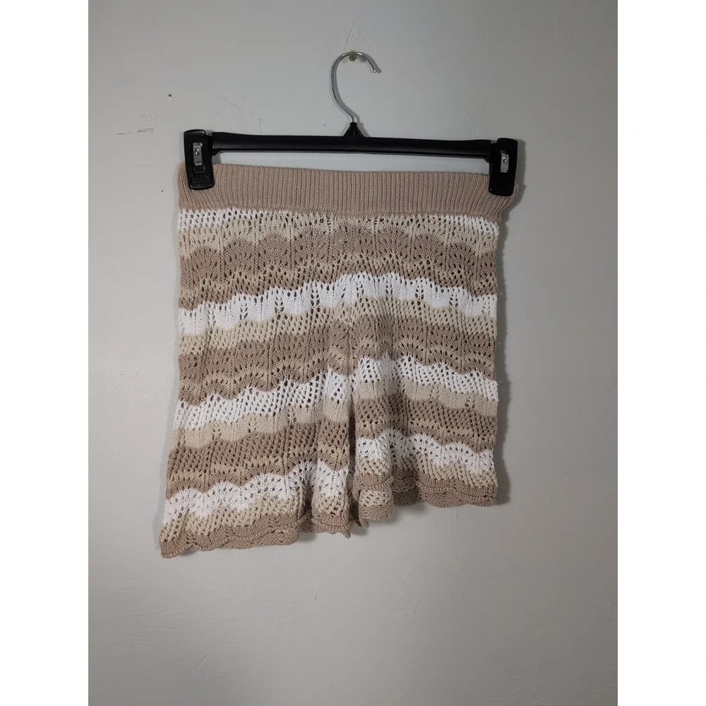 Princess Polly Women's 4 Shorts Leah Beige Scallop Striped‎ Crochet Sheer